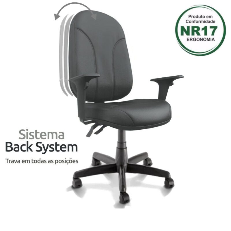 Cadeira Presidente PLUS BACK SYSTEM Baixa Costurada c/ Braços Reguláveis – Corino Preto 32974 VILLA Móveis para Escritório Presidente 3