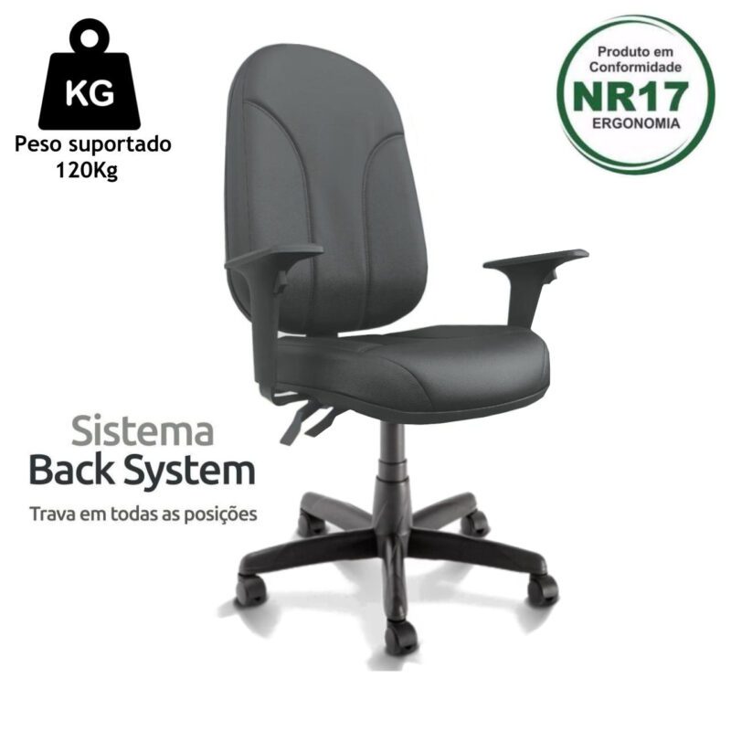 Cadeira Presidente PLUS BACK SYSTEM Baixa Costurada c/ Braços Reguláveis – Corino Preto 32974 VILLA Móveis para Escritório Presidente 4