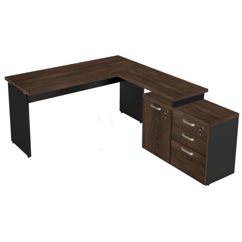 Mesa Escritório em “L” – 1,50×1,50m (Extensível) – com Armário Misto (03 Gav.) MARSALA/PRETO – 23482 VILLA Móveis para Escritório Linha 30 mm 2