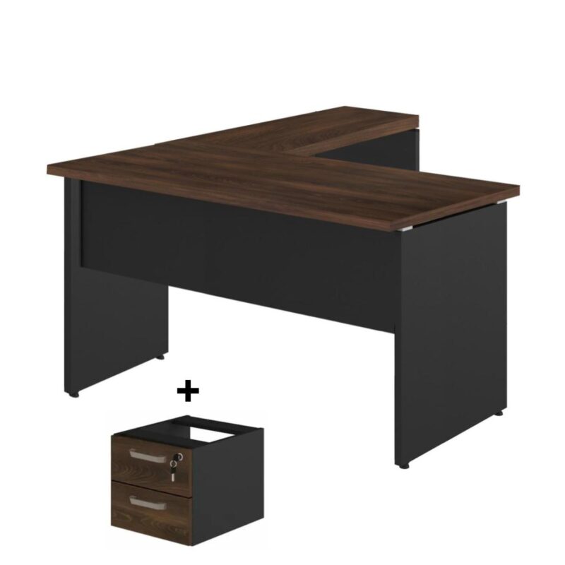 Mesa em “L” (Mesa 1,50m + Mesa Auxiliar) – C/ 02 GAVETAS MARSALA / PRETO – 23477 VILLA Móveis para Escritório Linha 30 mm 2