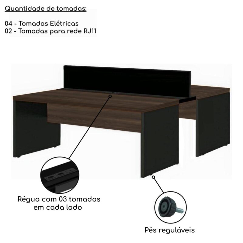 Estação de Trabalho Dupla 1,20×1,35m 02 Lugares S/ Gavetas c/ ponto de tomada MARSALA/PRETO – 63089 VILLA Móveis para Escritório Linha 30 mm 5