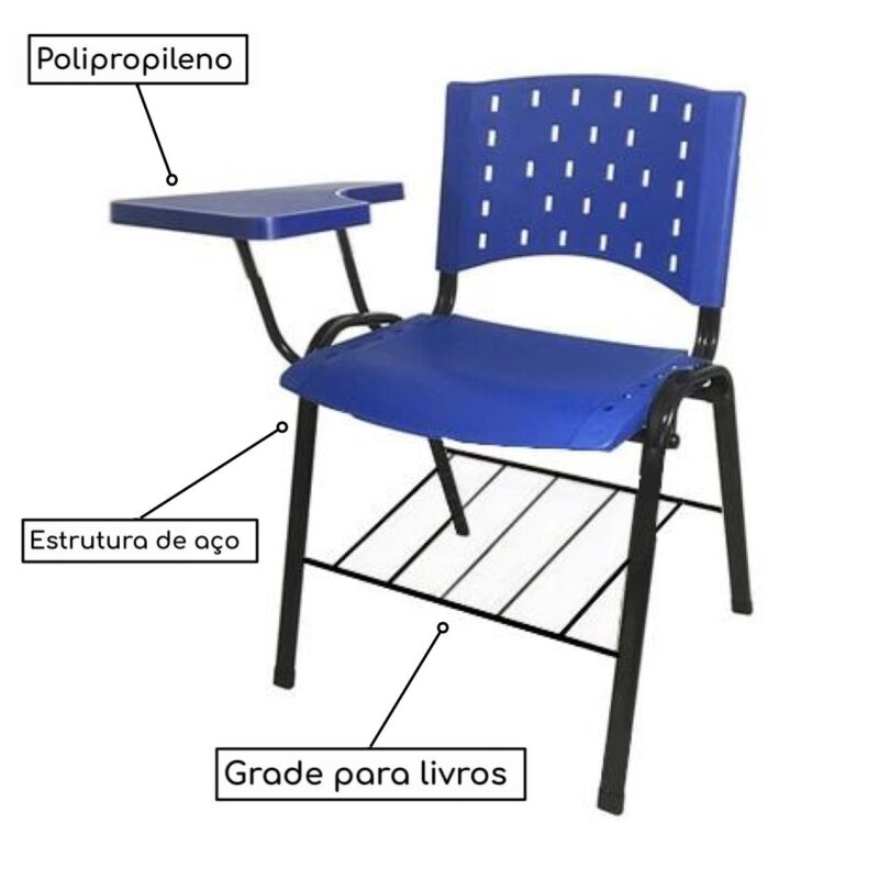 Cadeira Universitária PRANCHETA PLÁSTICA com Porta Livros – Cor Azul 32019 VILLA Móveis para Escritório Carteira Escolar 3