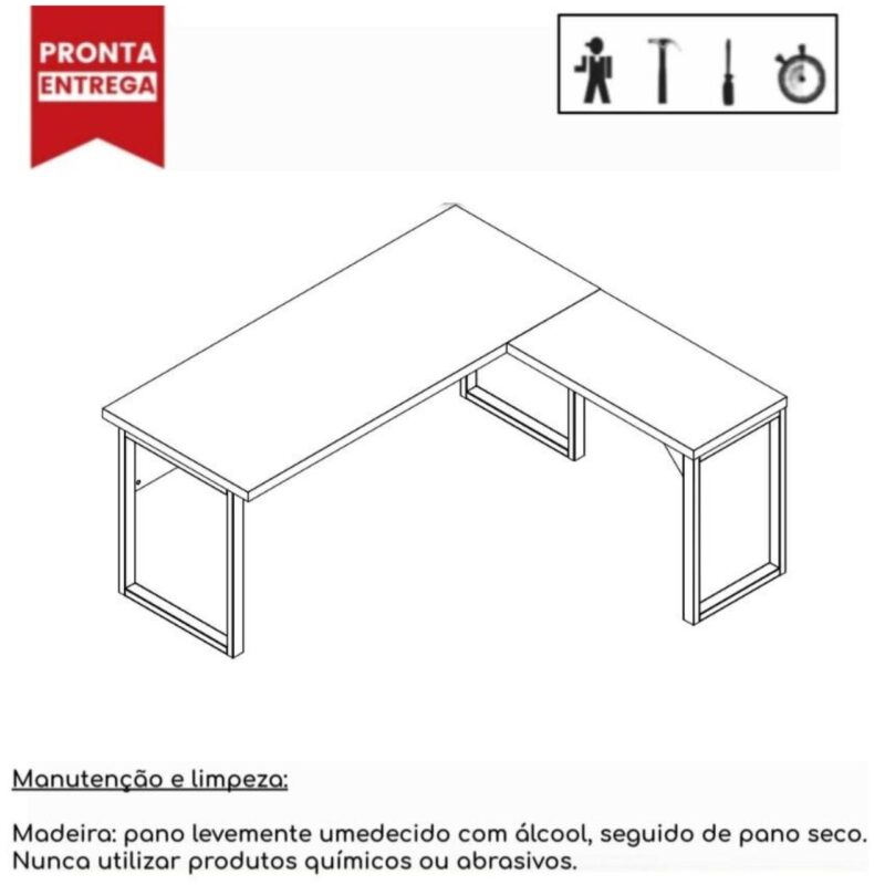 Mesa em L com PÉ QUADRO (Mesa 1,70m + Mesa Auxiliar) – S/ Gavetas MARSALA/PRETO – 25478 VILLA Móveis para Escritório Linha 30 mm 3