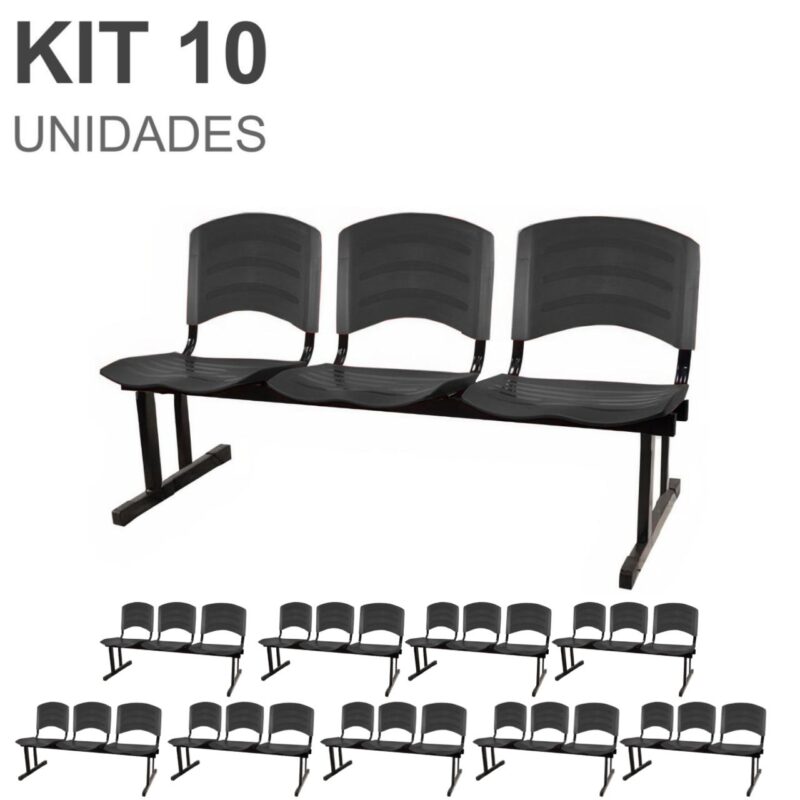 Kit 10 Cadeiras Longarinas PLÁSTICA 03 Lugares – Cor PRETO 33039 VILLA Móveis para Escritório Longarinas 2