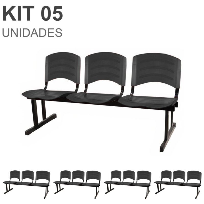 Kit 05 Cadeiras Longarinas PLÁSTICA 03 Lugares – Cor PRETO 33034 VILLA Móveis para Escritório Longarinas 2