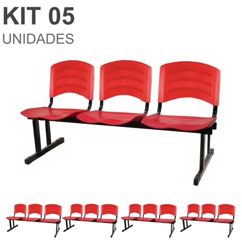 Kit 05 Cadeiras Longarinas PLÁSTICAS 03 Lugares – Cor Vermelho 33043 VILLA Móveis para Escritório Longarinas 2