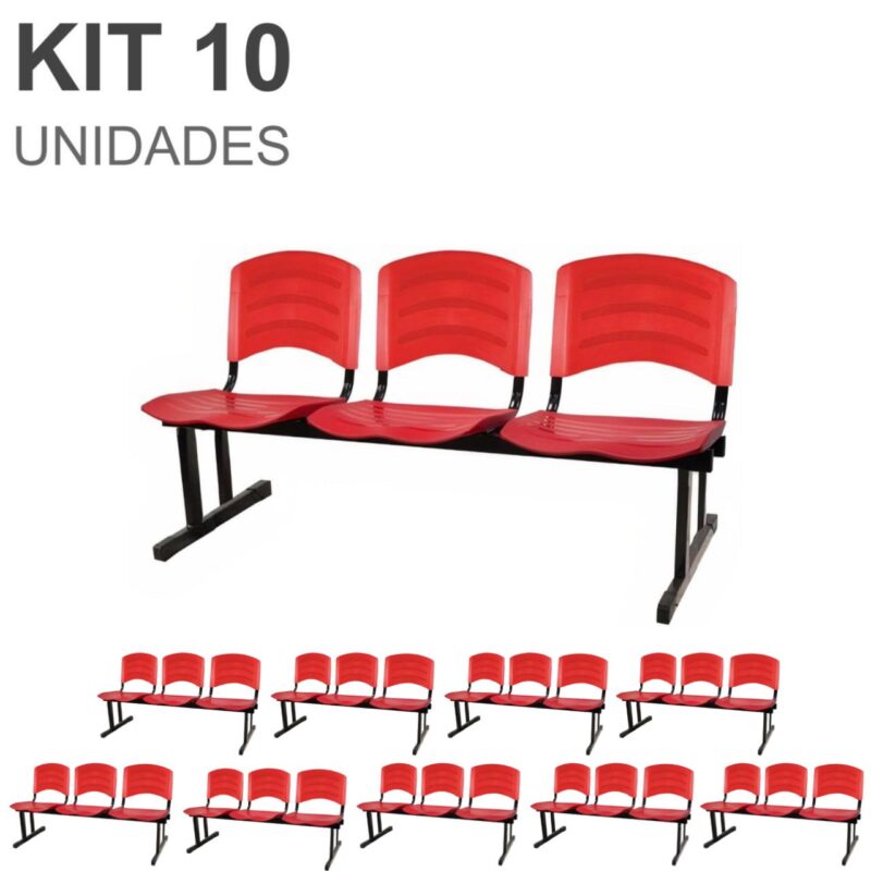 Kit 10 Cadeiras Longarinas PLÁSTICAS 03 Lugares – Cor Vermelho 33048 VILLA Móveis para Escritório Longarinas 2