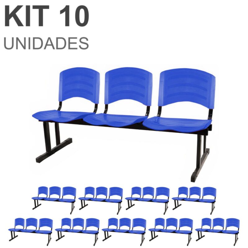 Kit 10 Cadeiras Longarinas PLÁSTICAS 03 Lugares – Cor Azul 33057 VILLA Móveis para Escritório Longarinas 2