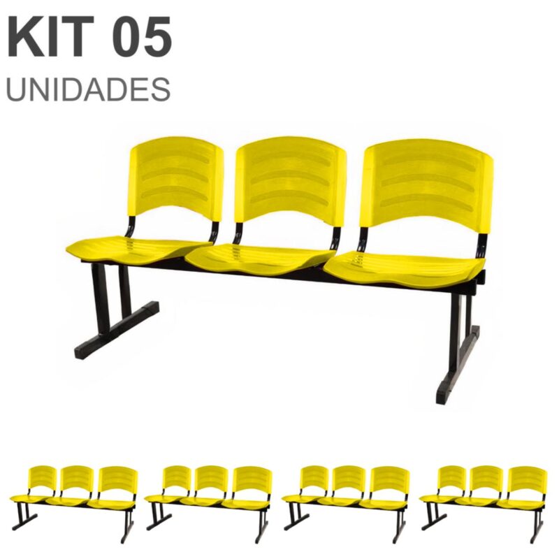 Kit 05 Cadeiras Longarinas PLÁSTICAS 03 Lugares – Cor Amarelo 33080 VILLA Móveis para Escritório Longarinas 2