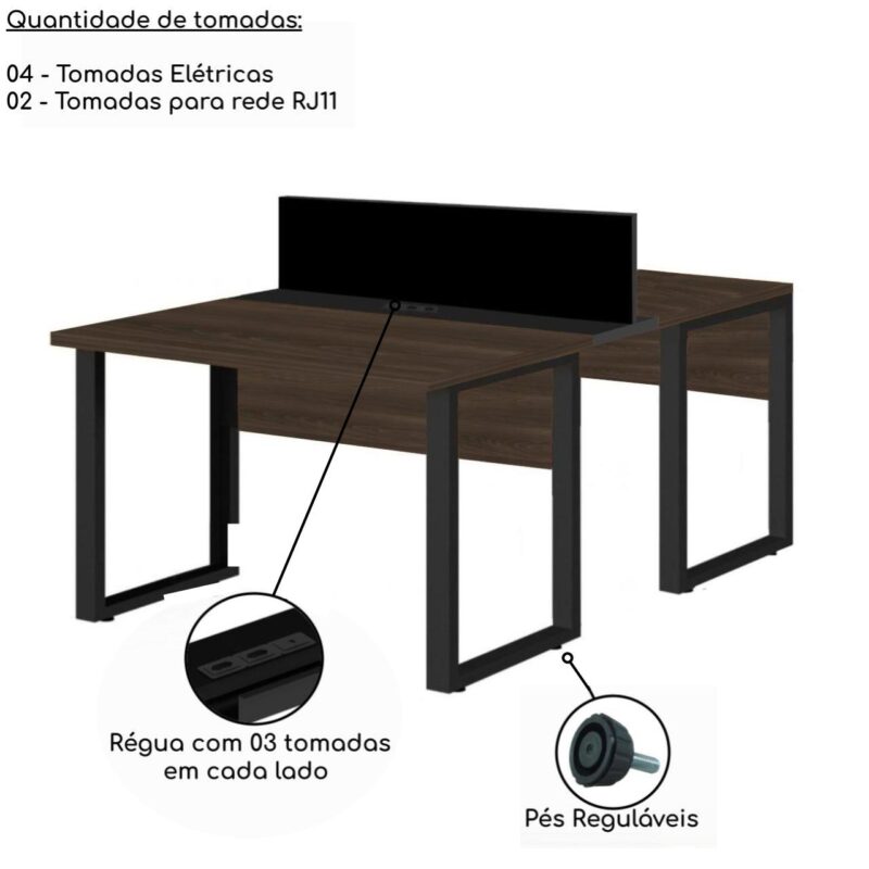 Estação de Trabalho Dupla 1,20×1,35m 02 Lugares c/ Gavetas c/ ponto de tomada PÉ QUADRO MARSALA/PRETO – 64001 VILLA Móveis para Escritório Linha 30 mm 5