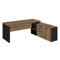 Mesa Diretorzinha c/ Aparador – Pé de MADEIRA – 1,90×1,50mNOGAL SEVILHA / PRETO – 21426 . VILLA Móveis para Escritório Linha 40 mm