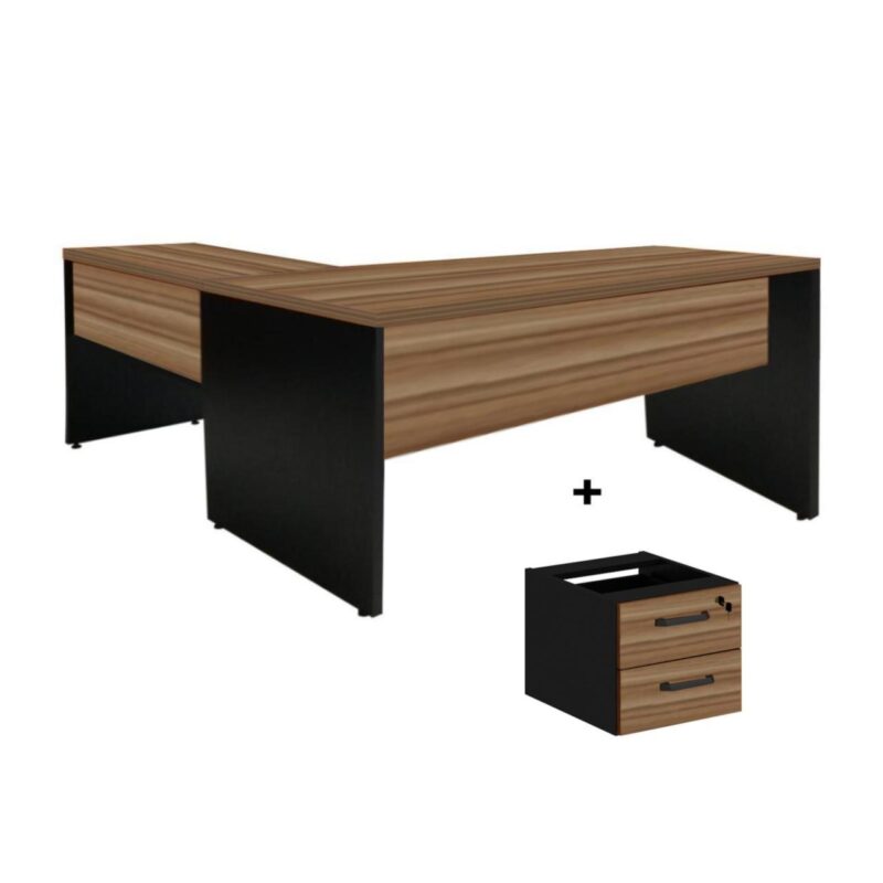 Mesa de Escritório em L com Gavetas – Mesa 1,50m + Mesa Auxiliar NOGAL SEVILHA/PRETO – 21477 VILLA Móveis para Escritório Linha 40 mm 2