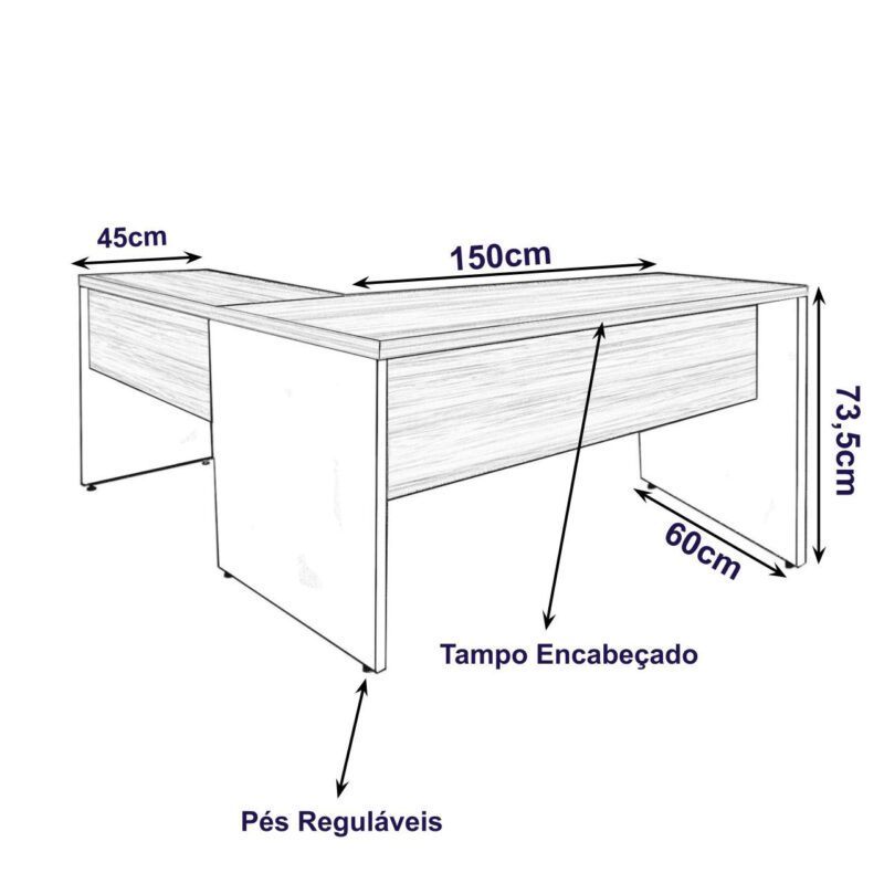 Mesa de Escritório em L com Gavetas – Mesa 1,50m + Mesa Auxiliar NOGAL SEVILHA/PRETO – 21477 VILLA Móveis para Escritório Linha 40 mm 3