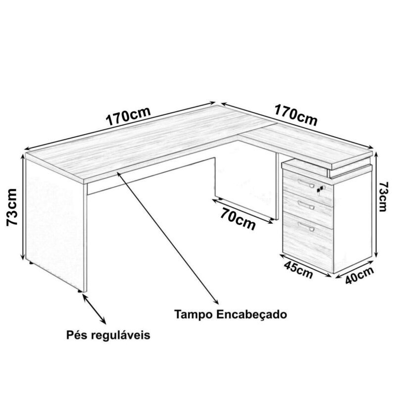 Mesa Escritório em “L” c/ Gaveteiro 1,70×1,60m Marsala/Preto – 23481 VILLA Móveis para Escritório Linha 30 mm 3