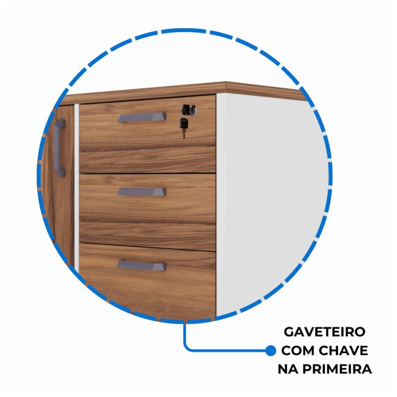 Mesa Escritório PRESIDENTE c/ Armário Pedestal – 1,82×1,80m – NOGAL SEVILHA/BRANCO – 34602 VILLA Móveis para Escritório Linha 40 mm Nogal – Branco 6