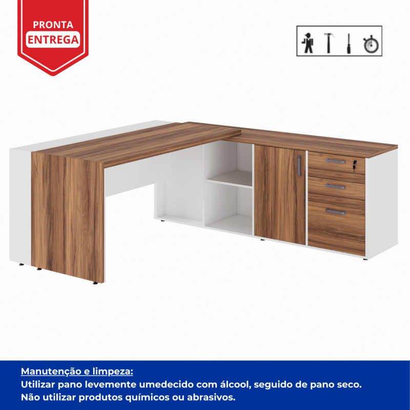 Mesa Escritório PRESIDENTE c/ Armário Pedestal – 1,82×1,80m – NOGAL SEVILHA/BRANCO – 34602 VILLA Móveis para Escritório Linha 40 mm Nogal – Branco 4