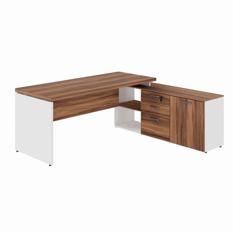 Mesa Diretorzinha c/ Aparador – Pé de MADEIRA – 1,90×1,50m – NOGAL SEVILHA / BRANCO – 34426 VILLA Móveis para Escritório Linha 40 mm Nogal – Branco 2