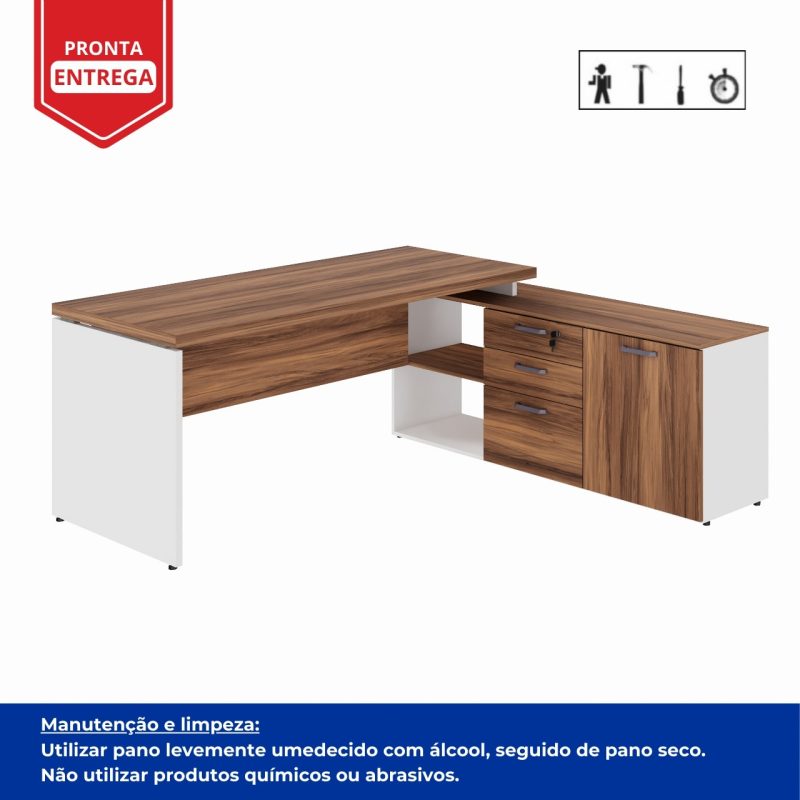 Mesa Diretorzinha c/ Aparador – Pé de MADEIRA – 1,90×1,50m – NOGAL SEVILHA / BRANCO – 34426 VILLA Móveis para Escritório Linha 40 mm Nogal – Branco 9