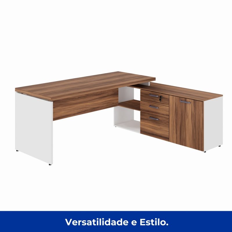 Mesa Diretorzinha c/ Aparador – Pé de MADEIRA – 1,90×1,50m – NOGAL SEVILHA / BRANCO – 34426 VILLA Móveis para Escritório Linha 40 mm Nogal – Branco 3