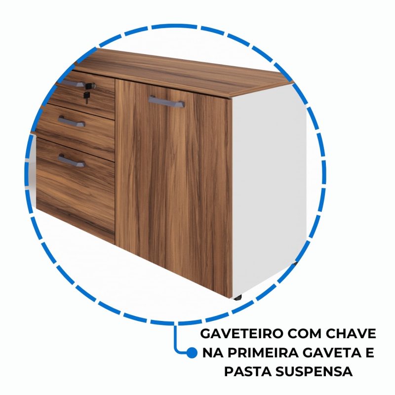 Mesa Diretorzinha c/ Aparador – Pé de MADEIRA – 1,90×1,50m – NOGAL SEVILHA / BRANCO – 34426 VILLA Móveis para Escritório Linha 40 mm Nogal – Branco 7