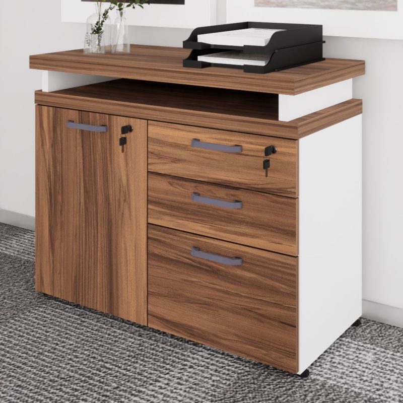 Armário Baixo 03 Gavetas e Porta (MISTO) – NOGAL SEVILHA/BRANCO – 34422 VILLA Móveis para Escritório Linha 40 mm Nogal – Branco 4