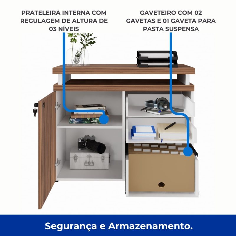 Armário Baixo 03 Gavetas e Porta (MISTO) – NOGAL SEVILHA/BRANCO – 34422 VILLA Móveis para Escritório Linha 40 mm Nogal – Branco 3