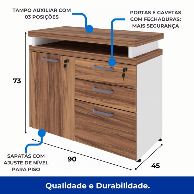 Armário Baixo 03 Gavetas e Porta (MISTO) – NOGAL SEVILHA/BRANCO – 34422 VILLA Móveis para Escritório Linha 40 mm Nogal – Branco 9