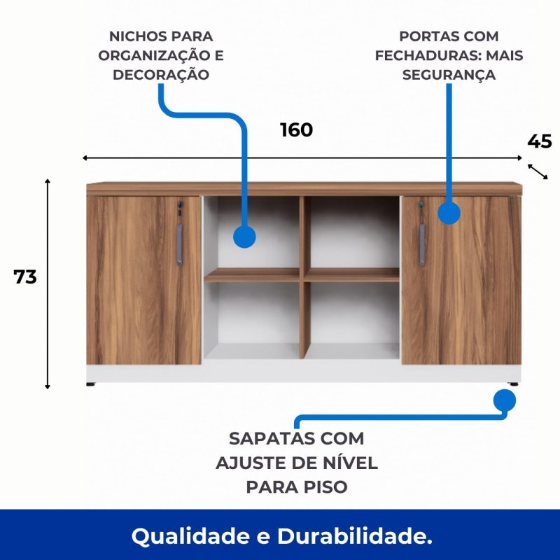 Armário Baixo GOLD Credenza ESPECIAL – 1,60×0,73×0,45m – NOGALSEVILHA / BRANCO – 34502 VILLA Móveis para Escritório Linha 40 mm Nogal – Branco 4