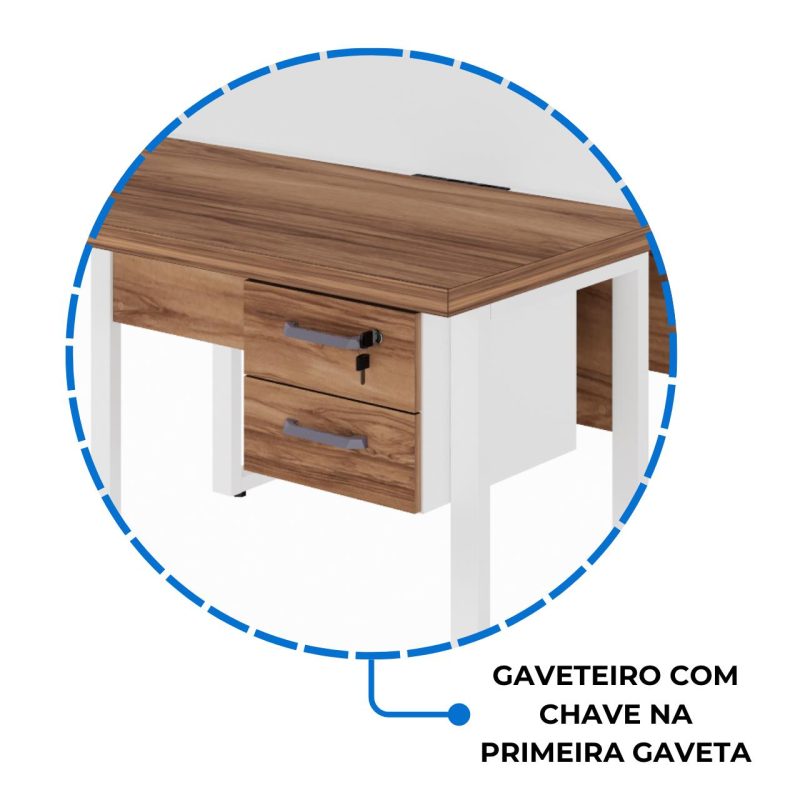 Estação de Trabalho Dupla 1,20×1,35m c/ 02 Gavetas c/ ponto de tomada PÉ QUADRO – Cor Nogal Sevilha/Branco – 34423 VILLA Móveis para Escritório Linha 40 mm Nogal – Branco 9
