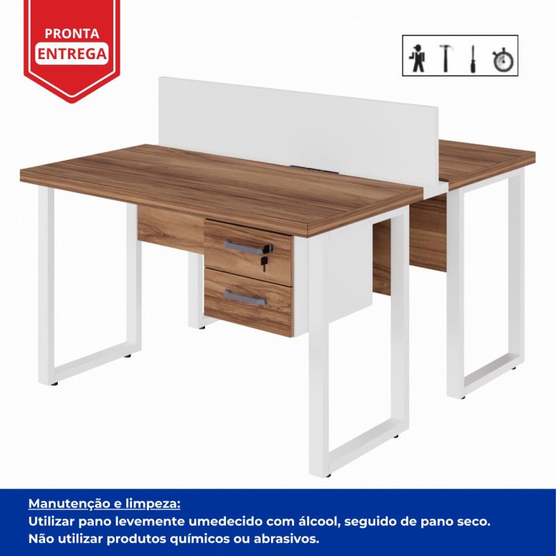 Estação de Trabalho Dupla 1,20×1,35m c/ 02 Gavetas c/ ponto de tomada PÉ QUADRO – Cor Nogal Sevilha/Branco – 34423 VILLA Móveis para Escritório Linha 40 mm Nogal – Branco 8