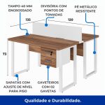 Estação de Trabalho Dupla 1,20×1,35m c/ 02 Gavetas c/ ponto de tomada PÉ QUADRO – Cor Nogal Sevilha/Branco – 34423 VILLA Móveis para Escritório Linha 40 mm Nogal – Branco 15