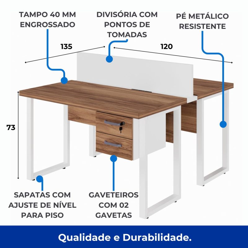 Estação de Trabalho Dupla 1,20×1,35m c/ 02 Gavetas c/ ponto de tomada PÉ QUADRO – Cor Nogal Sevilha/Branco – 34423 VILLA Móveis para Escritório Linha 40 mm Nogal – Branco 7