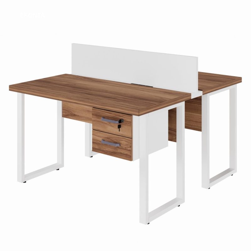 Estação de Trabalho Dupla 1,20×1,35m c/ 02 Gavetas c/ ponto de tomada PÉ QUADRO – Cor Nogal Sevilha/Branco – 34423 VILLA Móveis para Escritório Linha 40 mm Nogal – Branco 2