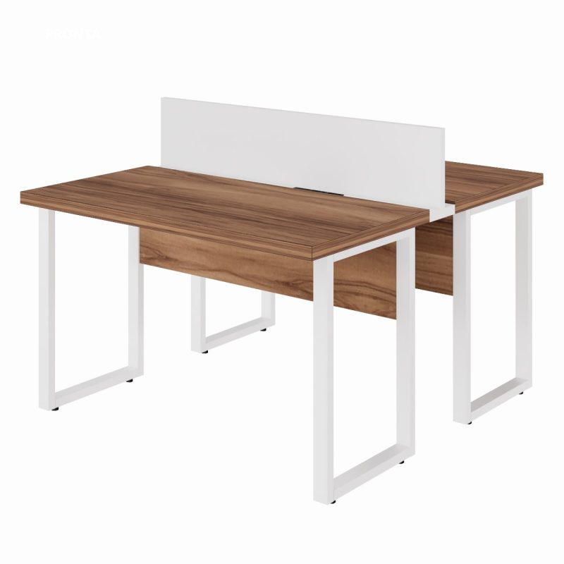 Estação de Trabalho Dupla 1,20×1,35m sem Gavetas c/ ponto de tomada PÉ QUADRO – Cor Nogal Sevilha/Branco – 34424 VILLA Móveis para Escritório Linha 40 mm Nogal – Branco 2