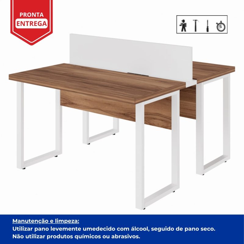 Estação de Trabalho Dupla 1,20×1,35m sem Gavetas c/ ponto de tomada PÉ QUADRO – Cor Nogal Sevilha/Branco – 34424 VILLA Móveis para Escritório Linha 40 mm Nogal – Branco 5