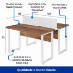 Estação de Trabalho Dupla 1,20×1,35m sem Gavetas c/ ponto de tomada PÉ QUADRO – Cor Nogal Sevilha/Branco – 34424 VILLA Móveis para Escritório Linha 40 mm Nogal – Branco 11