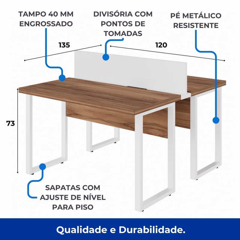 Estação de Trabalho Dupla 1,20×1,35m sem Gavetas c/ ponto de tomada PÉ QUADRO – Cor Nogal Sevilha/Branco – 34424 VILLA Móveis para Escritório Linha 40 mm Nogal – Branco 4