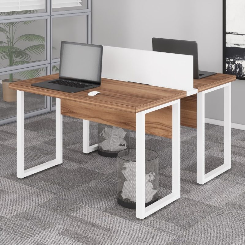Estação de Trabalho Dupla 1,20×1,35m sem Gavetas c/ ponto de tomada PÉ QUADRO – Cor Nogal Sevilha/Branco – 34424 VILLA Móveis para Escritório Linha 40 mm Nogal – Branco 8