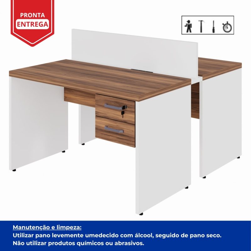 Estação de Trabalho Dupla 1,20×1,35m 02 Lugares c/ Gavetas c/ ponto de tomada PÉ PAINEL – Nogal Sevilha/Branco – 34427 VILLA Móveis para Escritório Linha 40 mm Nogal – Branco 4