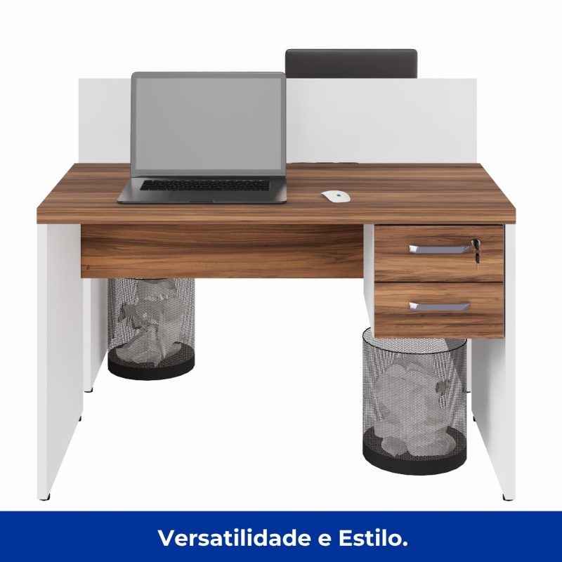 Estação de Trabalho Dupla 1,20×1,35m 02 Lugares c/ Gavetas c/ ponto de tomada PÉ PAINEL – Nogal Sevilha/Branco – 34427 VILLA Móveis para Escritório Linha 40 mm Nogal – Branco 7