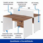 Estação de Trabalho Dupla 1,20×1,35m 02 Lugares c/ Gavetas c/ ponto de tomada PÉ PAINEL – Nogal Sevilha/Branco – 34427 VILLA Móveis para Escritório Linha 40 mm Nogal – Branco 19