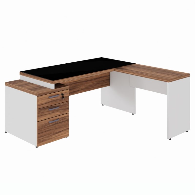 Mesa para Escritório em “L” com VIDRO FUMÊ – 1,92X1,60M NOGAL SEVILHA/BRANCO – 34432 VILLA Móveis para Escritório Linha 40 mm Nogal – Branco 2