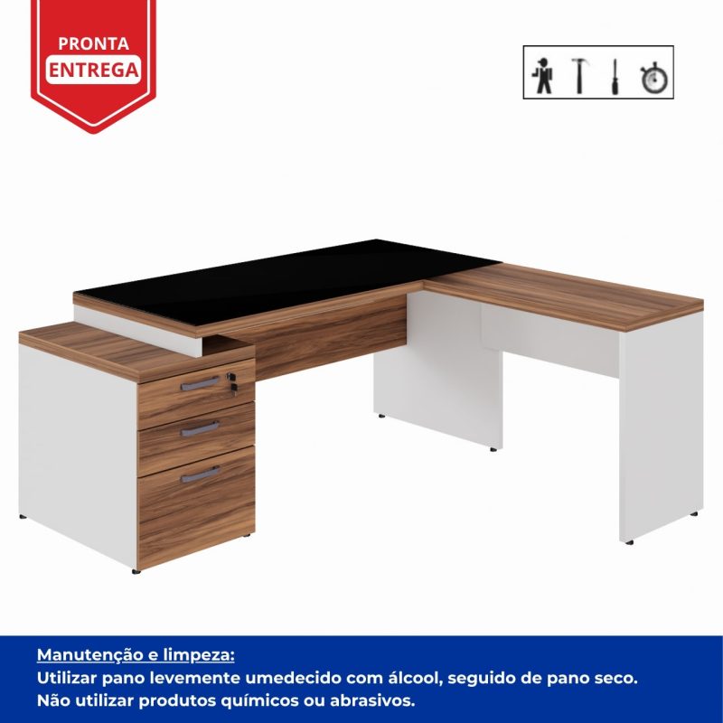 Mesa para Escritório em “L” com VIDRO FUMÊ – 1,92X1,60M NOGAL SEVILHA/BRANCO – 34432 VILLA Móveis para Escritório Linha 40 mm Nogal – Branco 4