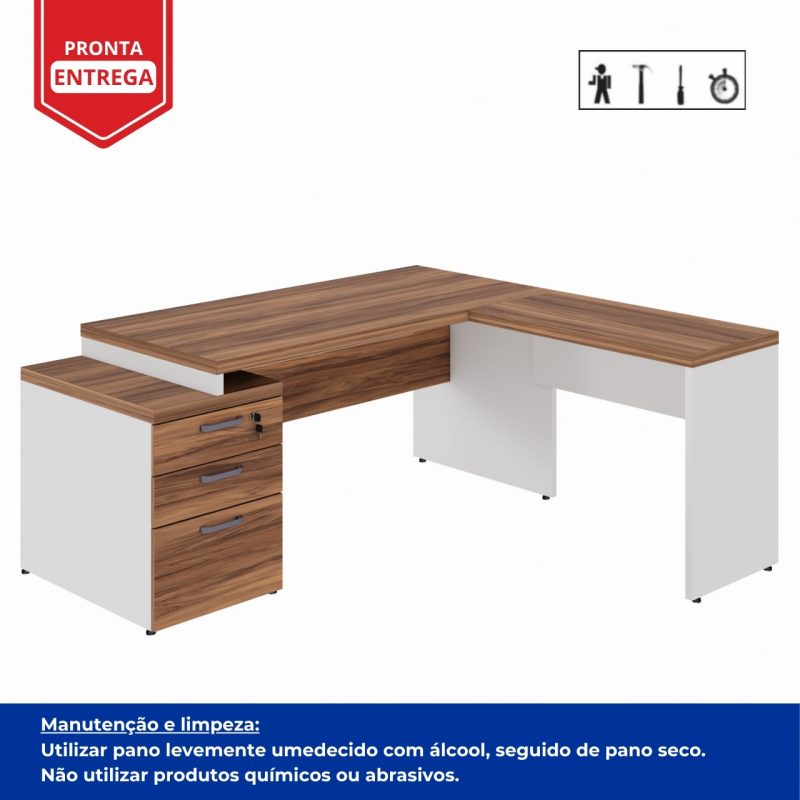 Mesa para Escritório em “L” com Gavetão – 1,92X1,60m -NOGAL SEVILHA/BRANCO – 34431 VILLA Móveis para Escritório Linha 40 mm Nogal – Branco 4