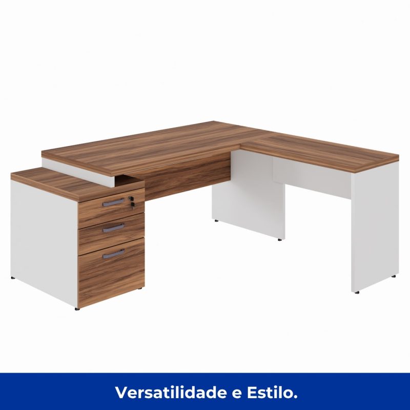 Mesa para Escritório em “L” com Gavetão – 1,92X1,60m -NOGAL SEVILHA/BRANCO – 34431 VILLA Móveis para Escritório Linha 40 mm Nogal – Branco 8
