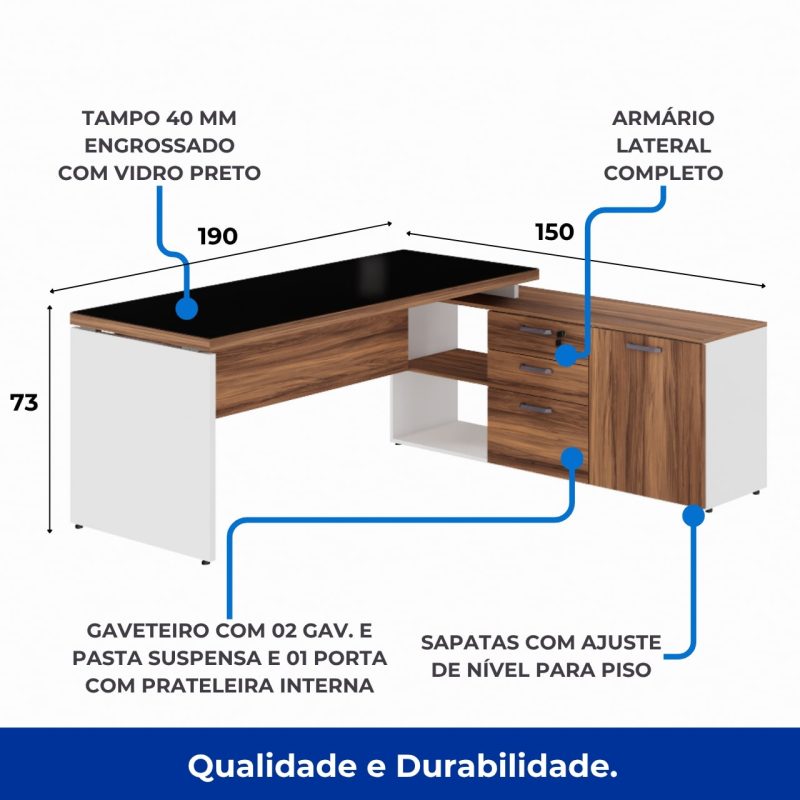 Mesa Diretorzinha c/ Aparador e Vidro Fumê – Pé de MADEIRA – 1,90×1,50m – NOGAL SEVILHA / BRANCO – 34429 VILLA Móveis para Escritório Linha 40 mm Nogal – Branco 3