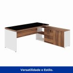 Mesa Diretorzinha c/ Aparador e Vidro Fumê – Pé de MADEIRA – 1,90×1,50m – NOGAL SEVILHA / BRANCO – 34429 VILLA Móveis para Escritório Linha 40 mm Nogal – Branco 15