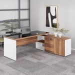 Mesa Diretorzinha c/ Aparador e Vidro Fumê – Pé de MADEIRA – 1,90×1,50m – NOGAL SEVILHA / BRANCO – 34429 VILLA Móveis para Escritório Linha 40 mm Nogal – Branco 18