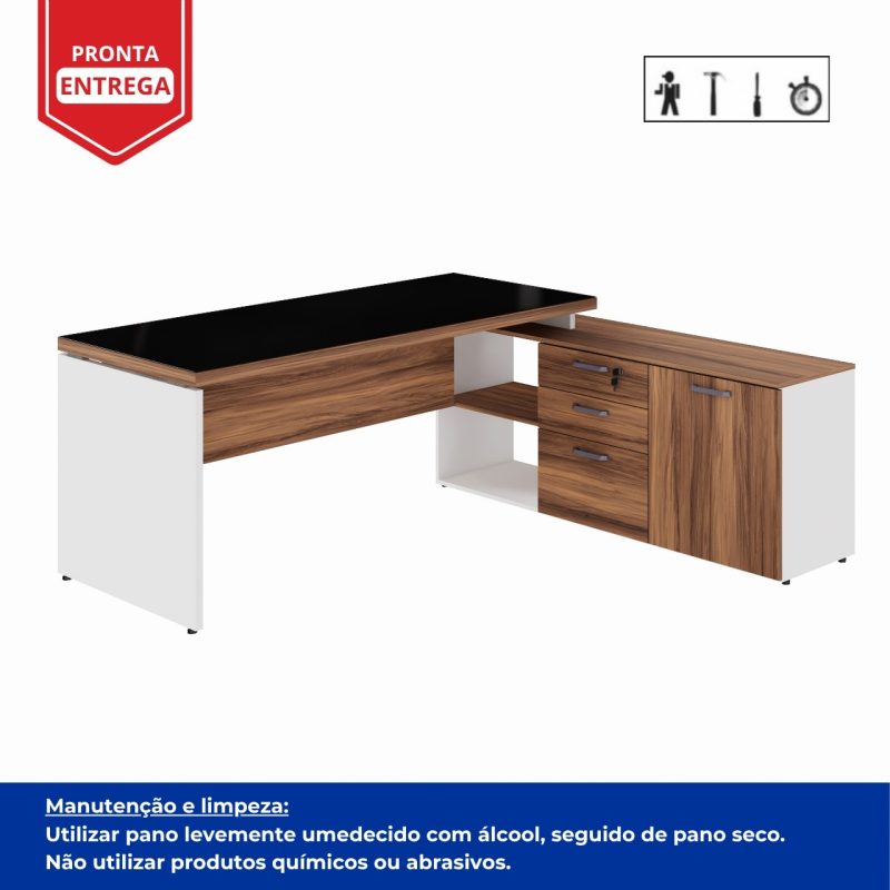 Mesa Diretorzinha c/ Aparador e Vidro Fumê – Pé de MADEIRA – 1,90×1,50m – NOGAL SEVILHA / BRANCO – 34429 VILLA Móveis para Escritório Linha 40 mm Nogal – Branco 5