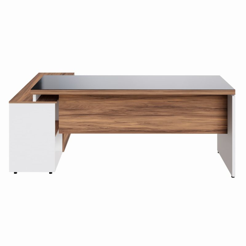 Mesa Diretorzinha c/ Aparador e Vidro Fumê – Pé de MADEIRA – 1,90×1,50m – NOGAL SEVILHA / BRANCO – 34429 VILLA Móveis para Escritório Linha 40 mm Nogal – Branco 8